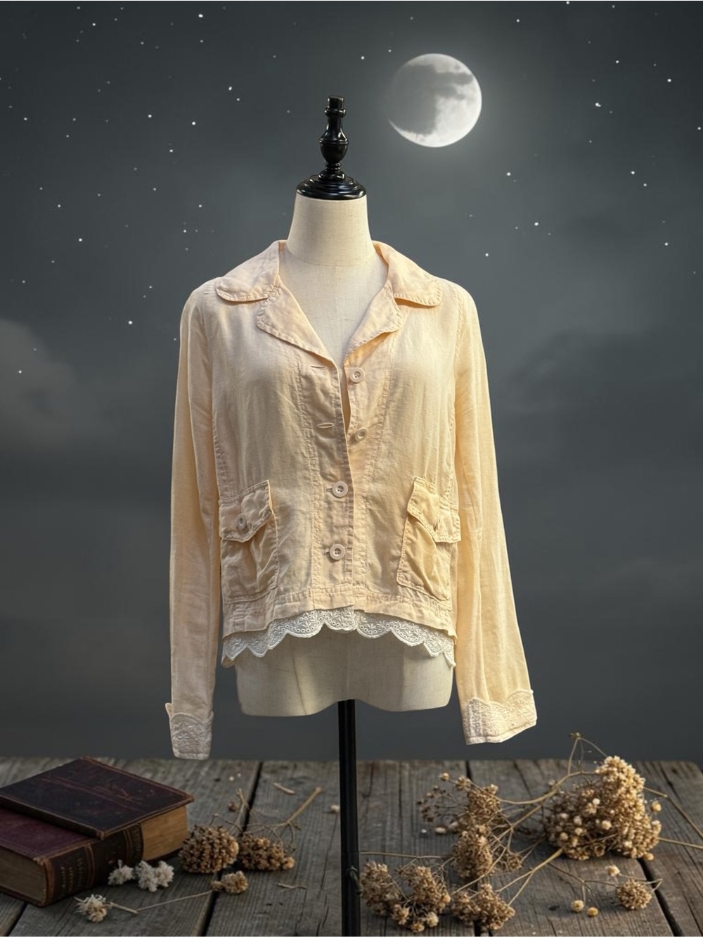 Johnny Was Cream Linen Blend Button-Down Blazer Jacket with Eyelet Trim - Medium